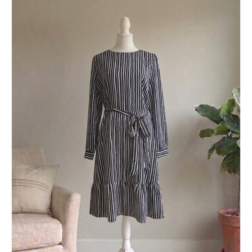 Ann Taylor Factory Striped Midi Dress 14 Black White Long Sleeve Tie Waist NEW